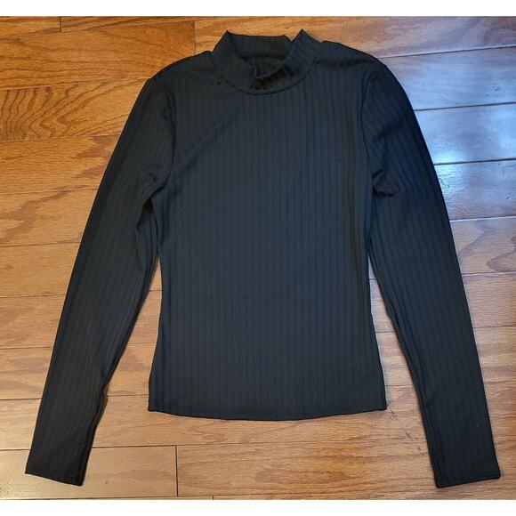 Womens Crop Shirt Black Ribbed Mock Neck Long Sleeve Size Small Stretchy - Picture 2 of 6